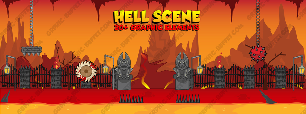 Hell Themed Scene Cartoon Underworld 20+ 2D Game Assets Game Art.